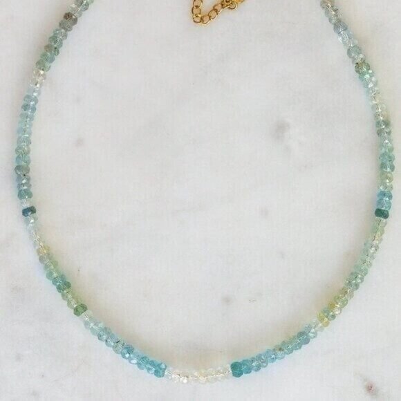 Ombre Aquamarine Beaded Necklace Genuine Gemstone Waterproof Gold Adjustable - Picture 6 of 12